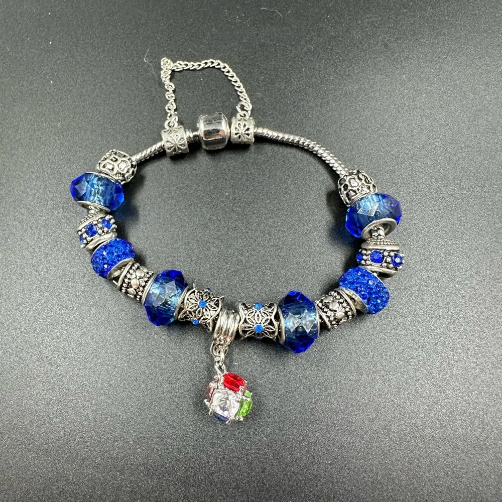 Blue Crystal and Silver Tone Slider Charm Bracelet Safety Chain